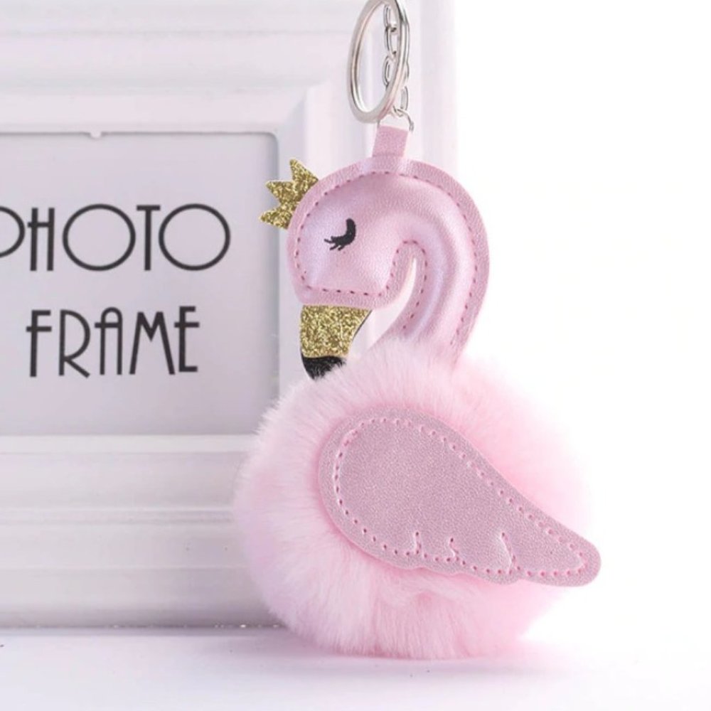 Swan glitter faux fur pom bag charm/key chain ring